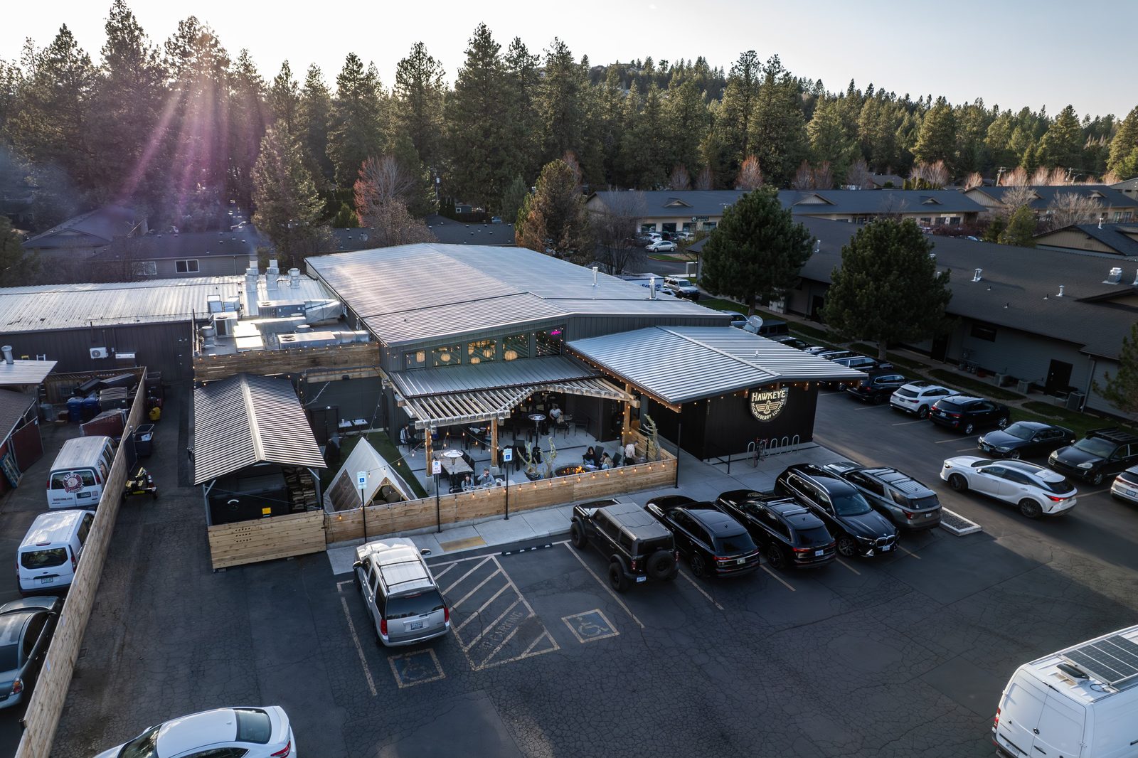 Aerial drone view of Hawkeye & Huckleberry Lounge in Bend, Oregon